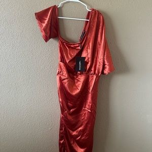 Pretty Little Thing Rust Satin One Shoulder Ruched Skirt Midi Dress